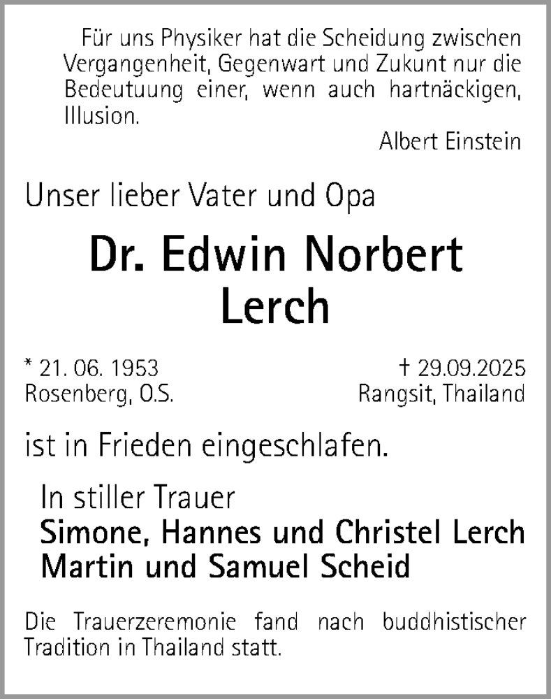  Traueranzeige für Edwin Norbert Lerch vom 18.10.2025 aus Gesamtausgabe Nürnberger Nachrichten/ Nürnberger Ztg.
