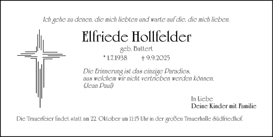 Traueranzeige von Elfriede Hollfelder von Gesamtausgabe Nürnberger Nachrichten/ Nürnberger Ztg.
