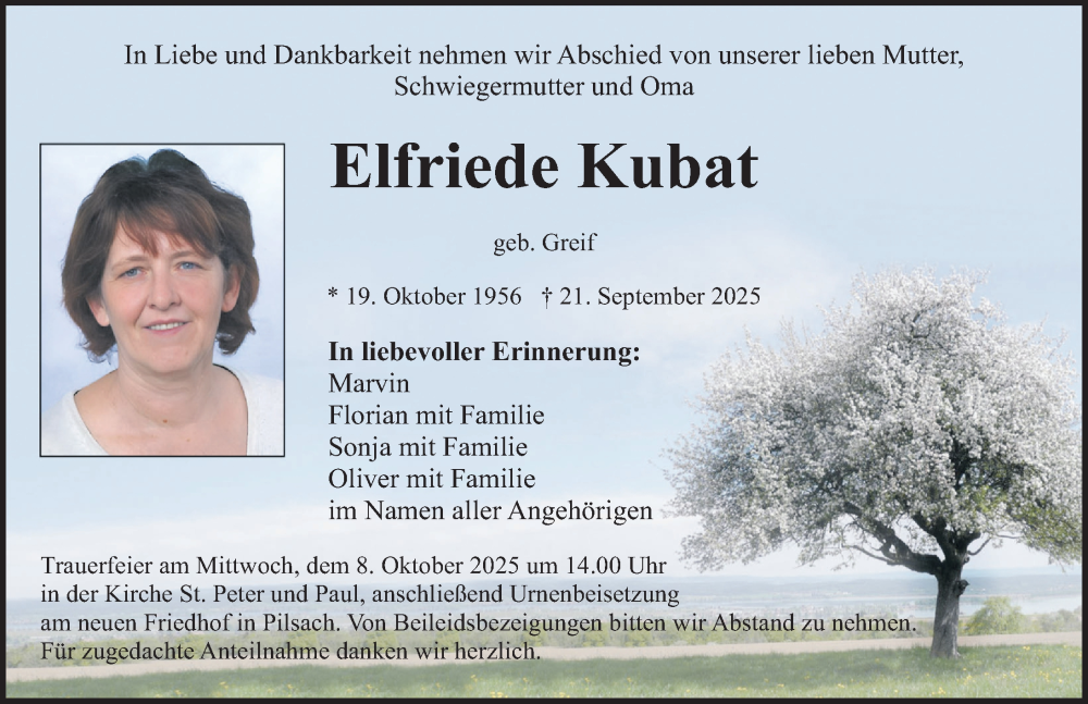  Traueranzeige für Elfriede Kubat vom 02.10.2025 aus Neumarkter Nachrichten Lokal