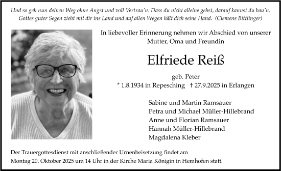 Traueranzeige von Elfriede Reiß von Erlanger Nachrichten Lokal