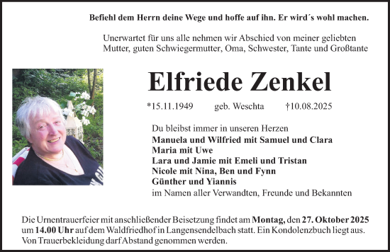 Traueranzeige von Elfriede Zenkel von Erlanger Nachrichten Lokal