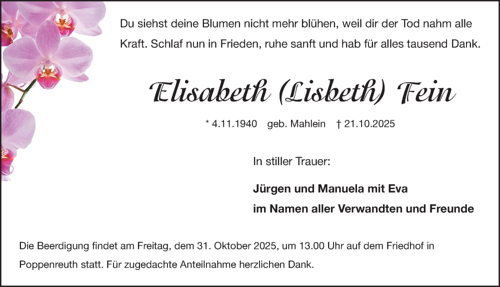  Traueranzeige für Elisabeth Fein vom 25.10.2025 aus Fürther Nachrichten Lokal