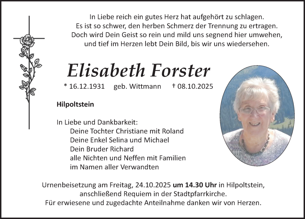  Traueranzeige für Elisabeth Forster vom 20.10.2025 aus Roth-Hilpoltsteiner Volkszeitung Lokal