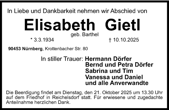 Traueranzeige von Elisabeth Gietl von Gesamtausgabe Nürnberger Nachrichten/ Nürnberger Ztg.