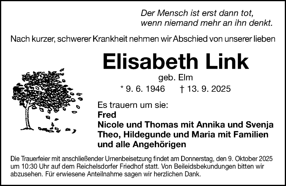  Traueranzeige für Elisabeth Link vom 04.10.2025 aus Gesamtausgabe Nürnberger Nachrichten/ Nürnberger Ztg.