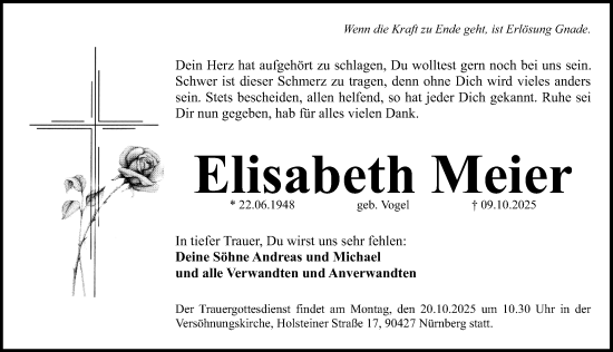 Traueranzeige von Elisabeth Meier von Gesamtausgabe Nürnberger Nachrichten/ Nürnberger Ztg.