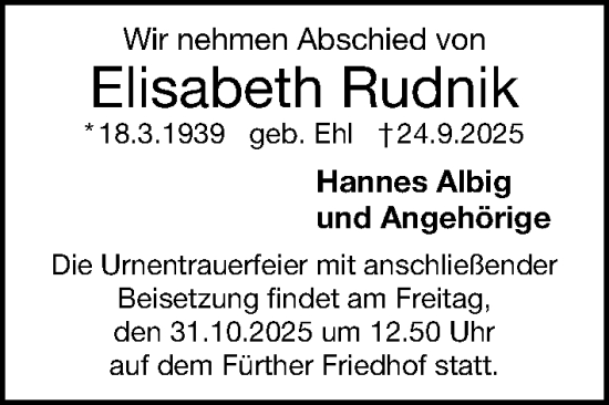 Traueranzeige von Elisabeth Rudnik von Gesamtausgabe Nürnberger Nachrichten/ Nürnberger Ztg.