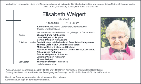 Traueranzeige von Elisabeth Weigert von Neumarkter Nachrichten Lokal