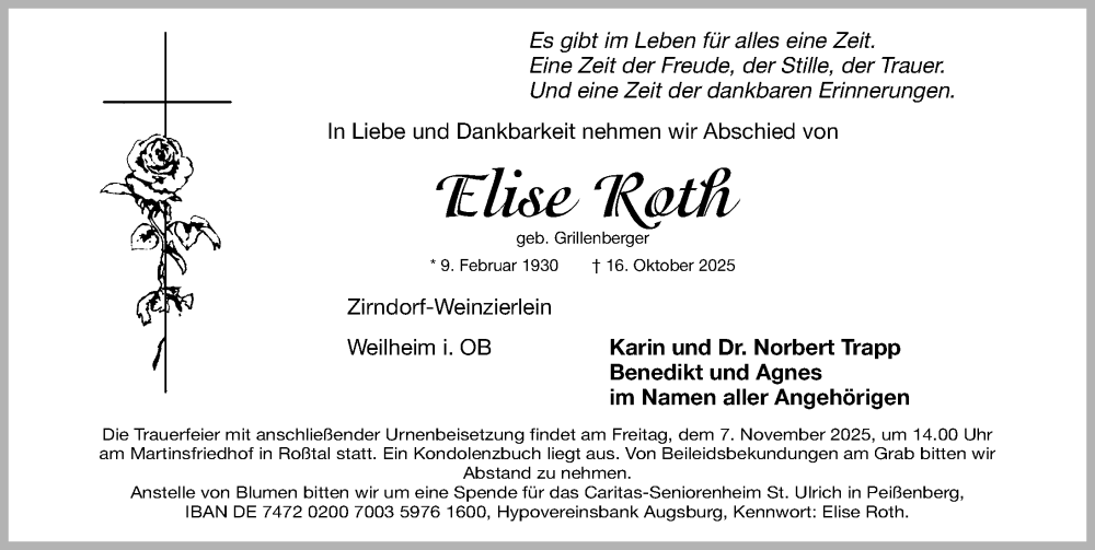  Traueranzeige für Elise Roth vom 31.10.2025 aus Fürther Nachrichten Lokal
