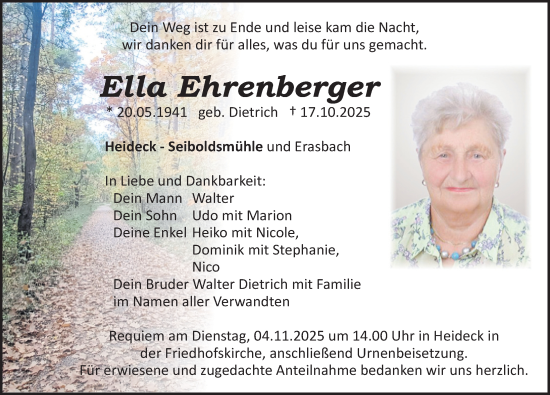 Traueranzeige von Ella Ehrenberger von Roth-Hilpoltsteiner Volkszeitung Lokal
