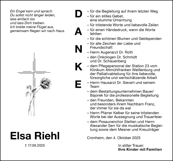 Traueranzeige von Elsa Riehl von Altmühl-Bote Lokal