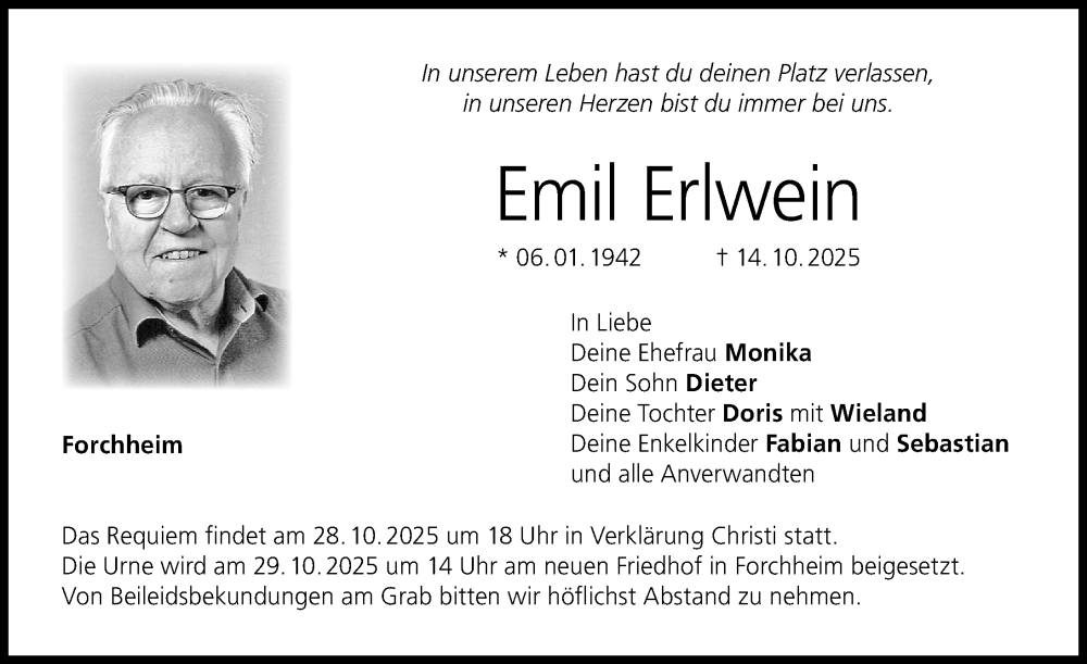  Traueranzeige für Emil Erlwein vom 25.10.2025 aus Nordbayerische Nachrichten Forchheim Lokal