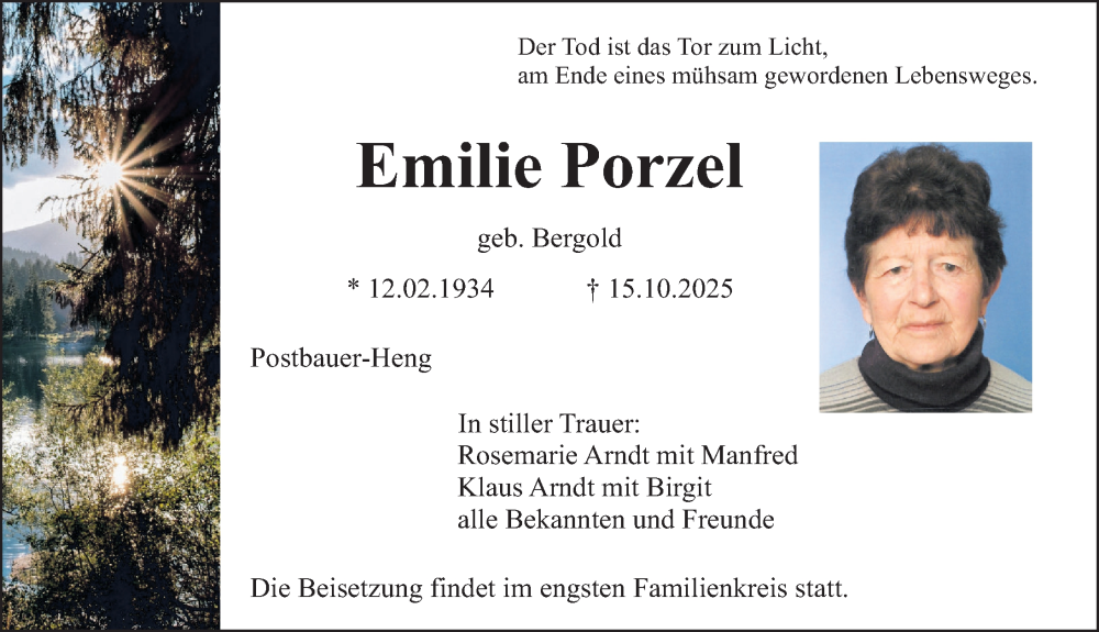  Traueranzeige für Emilie Porzel vom 18.10.2025 aus Neumarkter Nachrichten Lokal