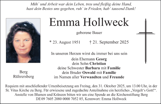 Traueranzeige von Emma Hollweck von Neumarkter Nachrichten Lokal