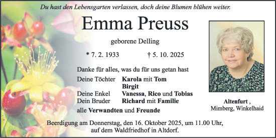 Traueranzeige von Emma Preuss von Gesamtausgabe Nürnberger Nachrichten/ Nürnberger Ztg.