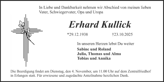 Traueranzeige von Erhard Kullick von Erlanger Nachrichten Lokal