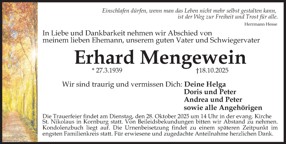  Traueranzeige für Erhard Mengewein vom 25.10.2025 aus Gesamtausgabe Nürnberger Nachrichten/ Nürnberger Ztg.