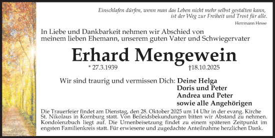 Traueranzeige von Erhard Mengewein von Gesamtausgabe Nürnberger Nachrichten/ Nürnberger Ztg.