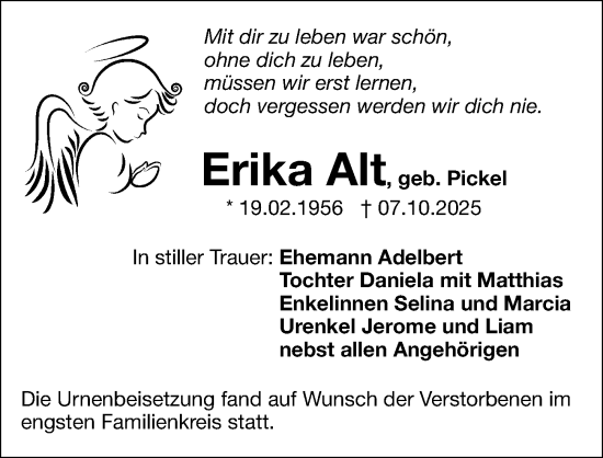 Traueranzeige von Erika Alt von Gesamtausgabe Nürnberger Nachrichten/ Nürnberger Ztg.