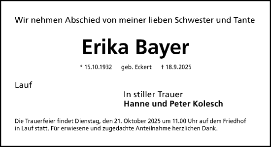 Traueranzeige von Erika Bayer von Gesamtausgabe Nürnberger Nachrichten/ Nürnberger Ztg.