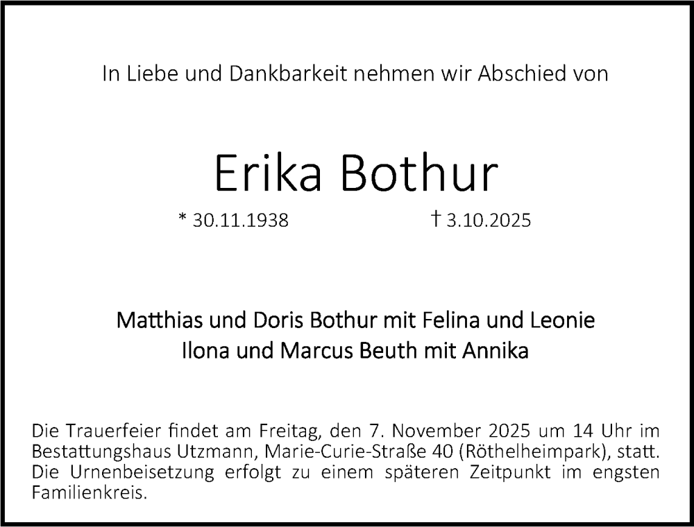  Traueranzeige für Erika Bothur vom 25.10.2025 aus Erlanger Nachrichten Lokal