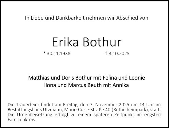 Traueranzeige von Erika Bothur von Erlanger Nachrichten Lokal