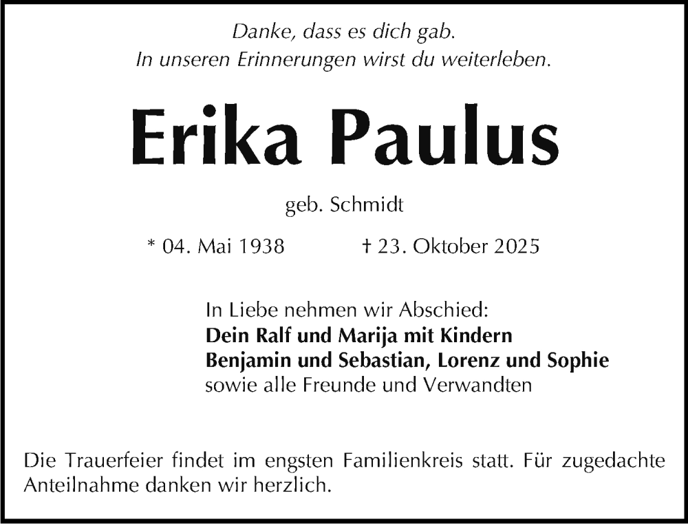  Traueranzeige für Erika Paulus vom 31.10.2025 aus Gesamtausgabe Nürnberger Nachrichten/ Nürnberger Ztg.