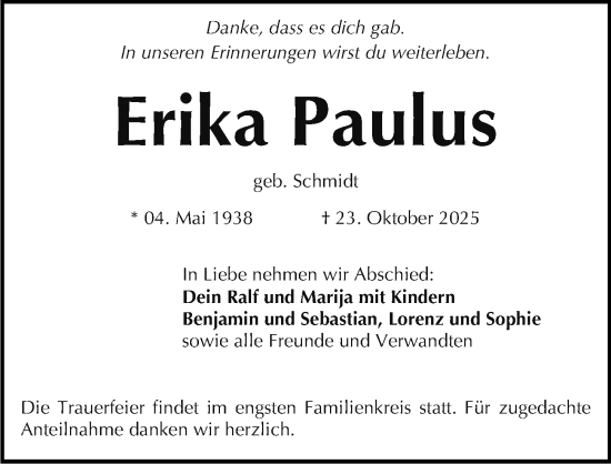 Traueranzeige von Erika Paulus von Gesamtausgabe Nürnberger Nachrichten/ Nürnberger Ztg.