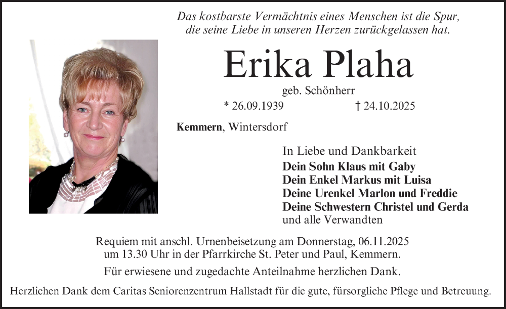  Traueranzeige für Erika Plaha vom 31.10.2025 aus Fürther Nachrichten Lokal