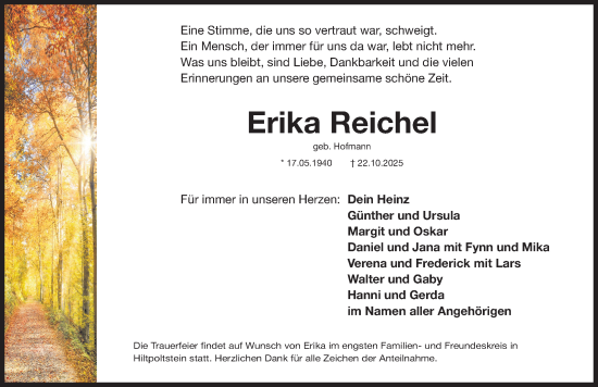 Traueranzeige von Erika Reichel von Nordbayerische Nachrichten Forchheim Lokal