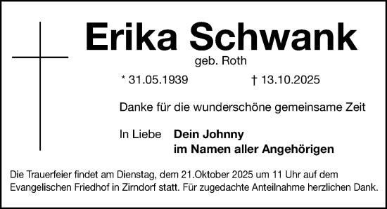 Traueranzeige von Erika Schwank von Gesamtausgabe Nürnberger Nachrichten/ Nürnberger Ztg.