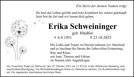 Traueranzeige von Erika Schweininger von Nordbayerische Nachrichten Herzogenaurach Lokal