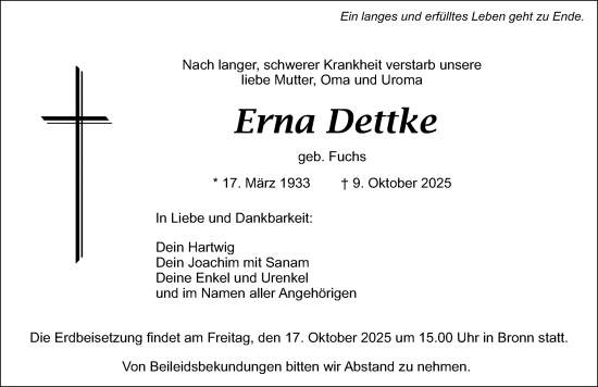 Traueranzeige von Erna Dettke von Nordbayerische Nachrichten Pegnitz Lokal