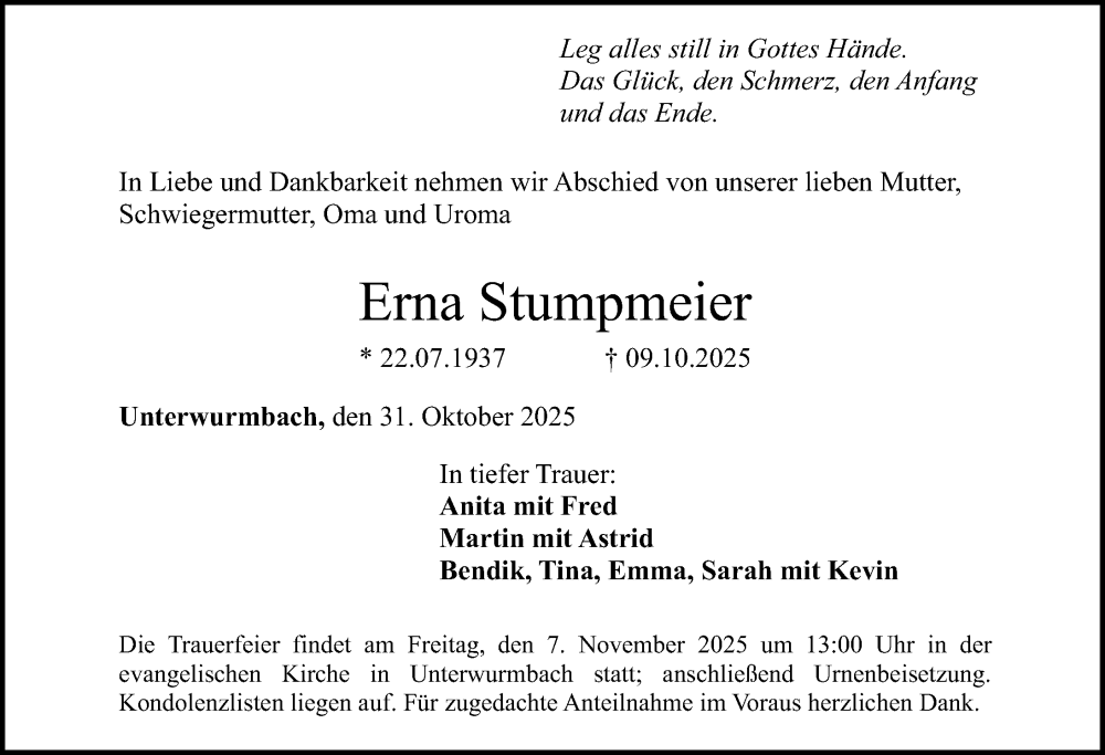  Traueranzeige für Erna Stumpmeier vom 31.10.2025 aus Altmühl-Bote Lokal