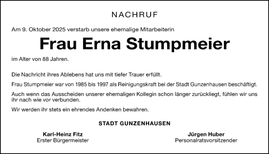 Traueranzeige von Erna Stumpmeier von Altmühl-Bote Lokal