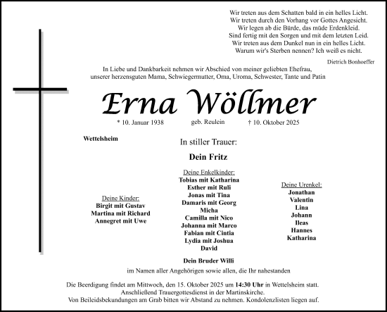 Traueranzeige von Erna Wöllmer von Altmühl-Bote Lokal