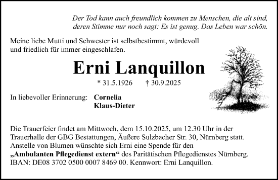 Traueranzeige von Erni Lanquillon von Gesamtausgabe Nürnberger Nachrichten/ Nürnberger Ztg.