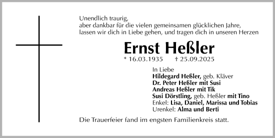 Traueranzeige von Ernst Heßler von Gesamtausgabe Nürnberger Nachrichten/ Nürnberger Ztg.
