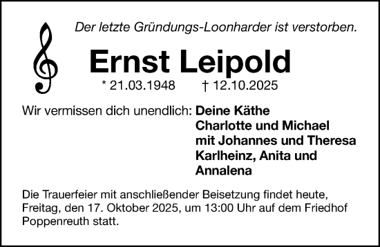 Traueranzeige von Ernst Leipold von Gesamtausgabe Nürnberger Nachrichten/ Nürnberger Ztg.