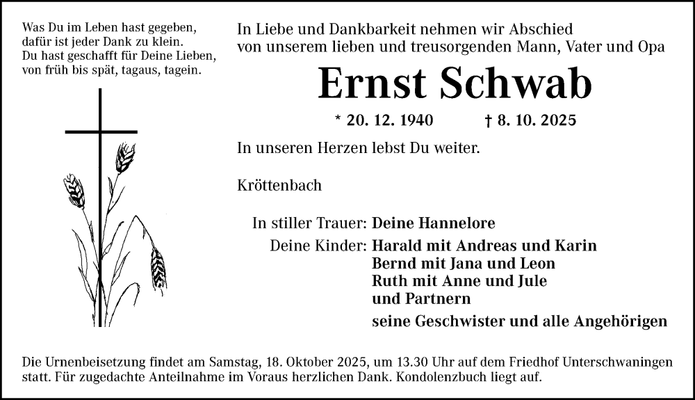  Traueranzeige für Ernst Schwab vom 17.10.2025 aus Altmühl-Bote Lokal
