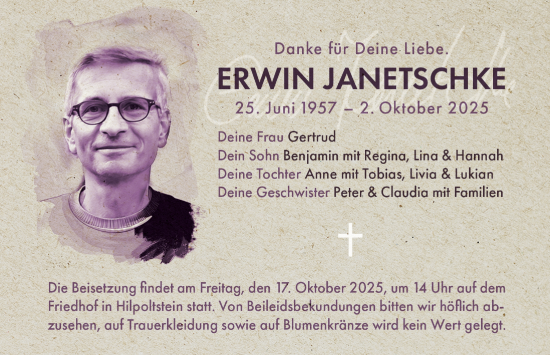 Traueranzeige von Erwin Janetschke von Roth-Hilpoltsteiner Volkszeitung Lokal