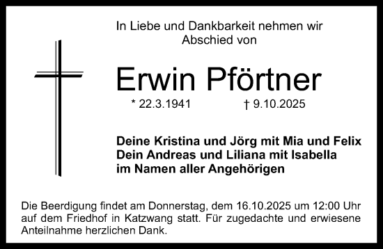 Traueranzeige von Erwin Pförtner von Gesamtausgabe Nürnberger Nachrichten/ Nürnberger Ztg.