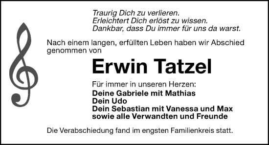 Traueranzeige von Erwin Tatzel von Schwabacher Tagblatt Lokal