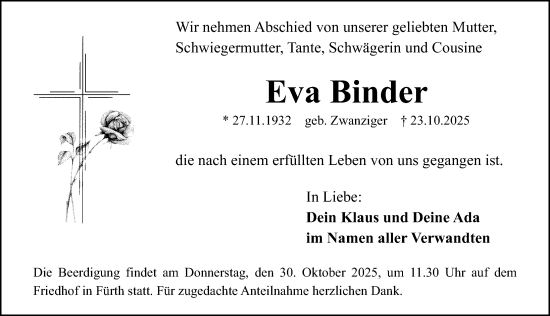 Traueranzeige von Eva Binder von Fürther Nachrichten Lokal