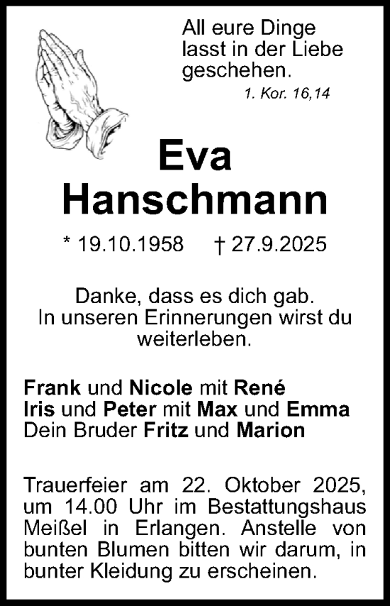 Traueranzeige von Eva Hanschmann von Erlanger Nachrichten Lokal