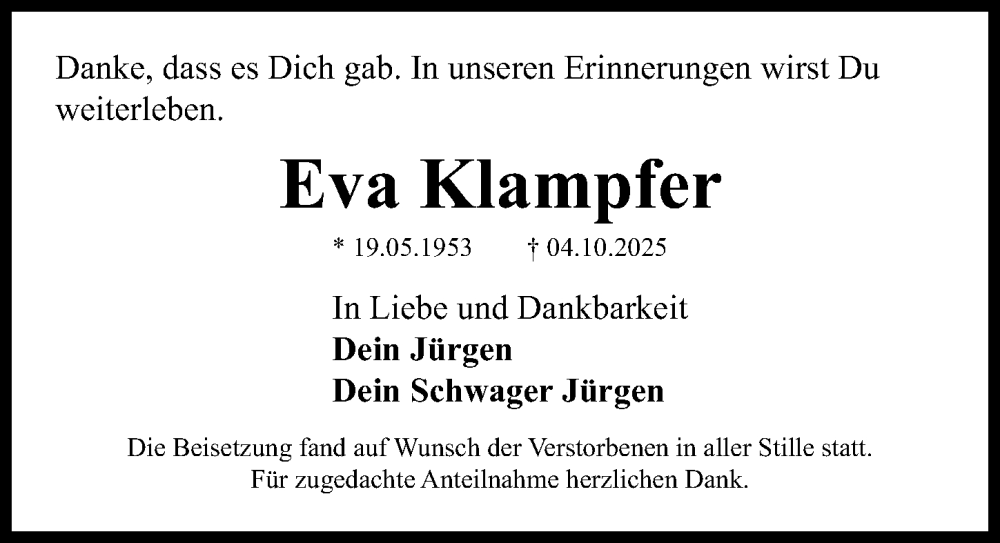  Traueranzeige für Eva Klampfer vom 31.10.2025 aus Fürther Nachrichten Lokal