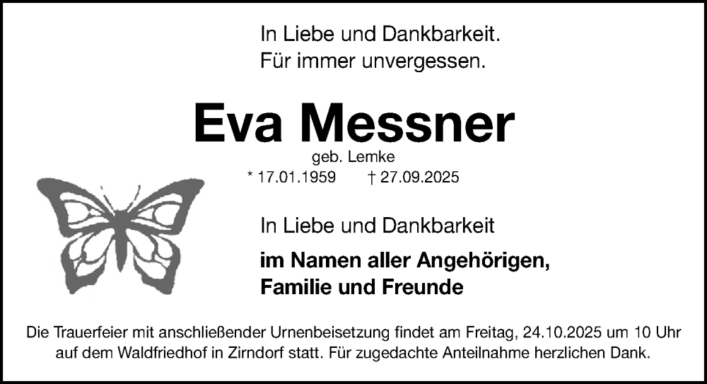  Traueranzeige für Eva Messner vom 18.10.2025 aus Fürther Nachrichten Lokal