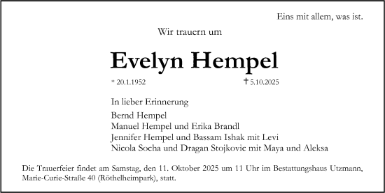 Traueranzeige von Evelyn Hempel von Erlanger Nachrichten Lokal