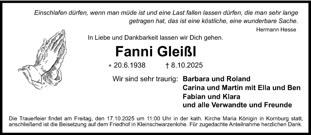  Traueranzeige für Fanni Gleißl vom 11.10.2025 aus Gesamtausgabe Nürnberger Nachrichten/ Nürnberger Ztg.