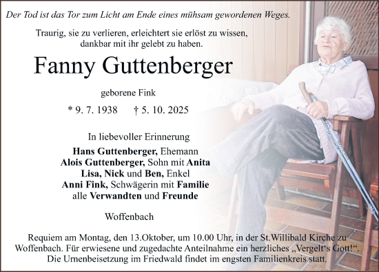 Traueranzeige von Fanny Guttenberger von Neumarkter Nachrichten Lokal